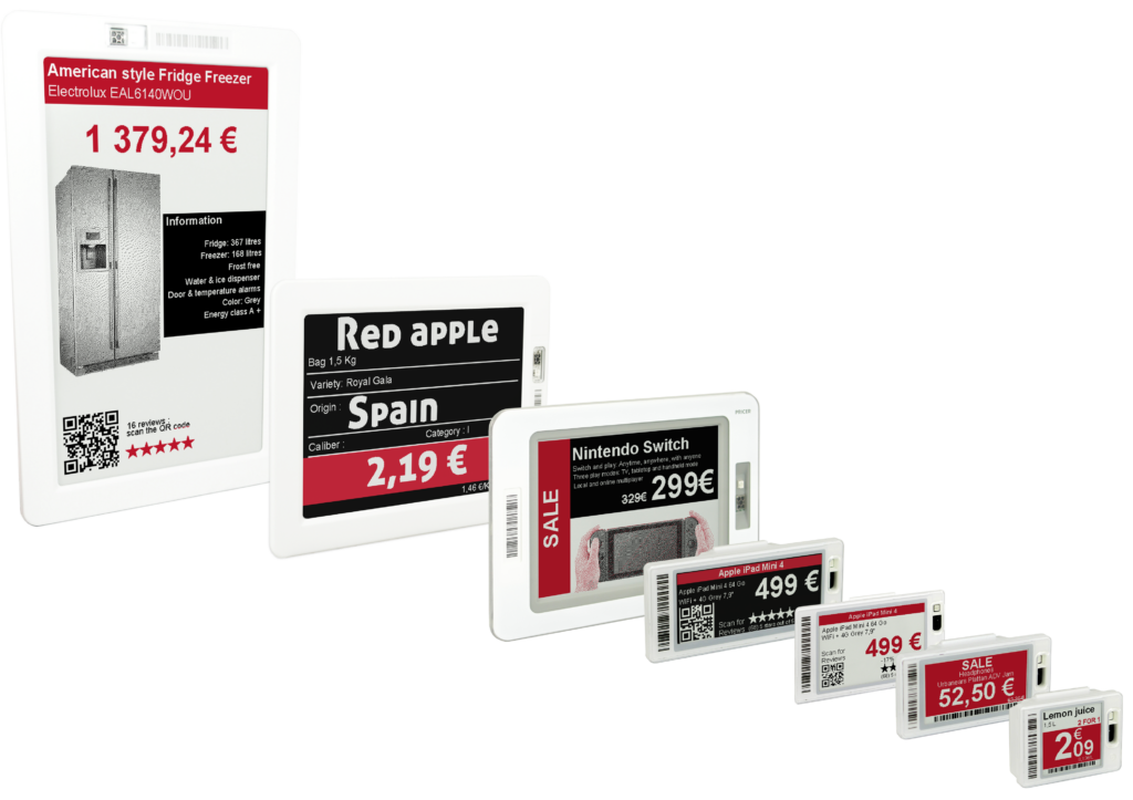 Several Pricer electronic shelf labels in multiple sizes.