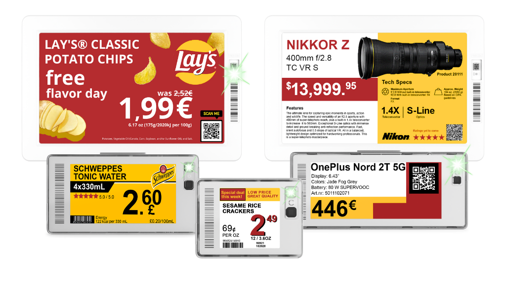 A line-up of various sizes multicolor Pricer electronic shelf labels 